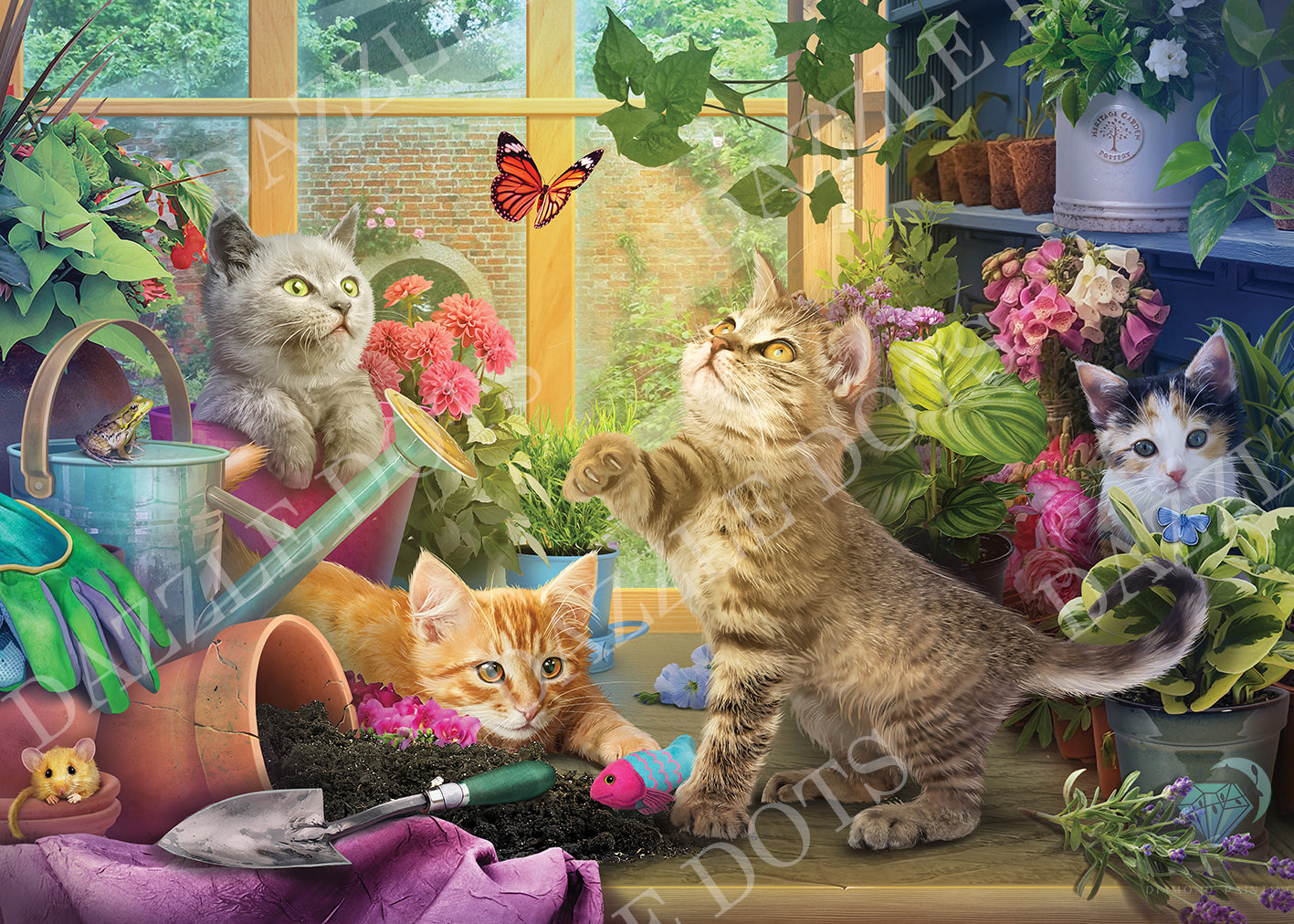 Illustration of cats in a garden with flowers and plants