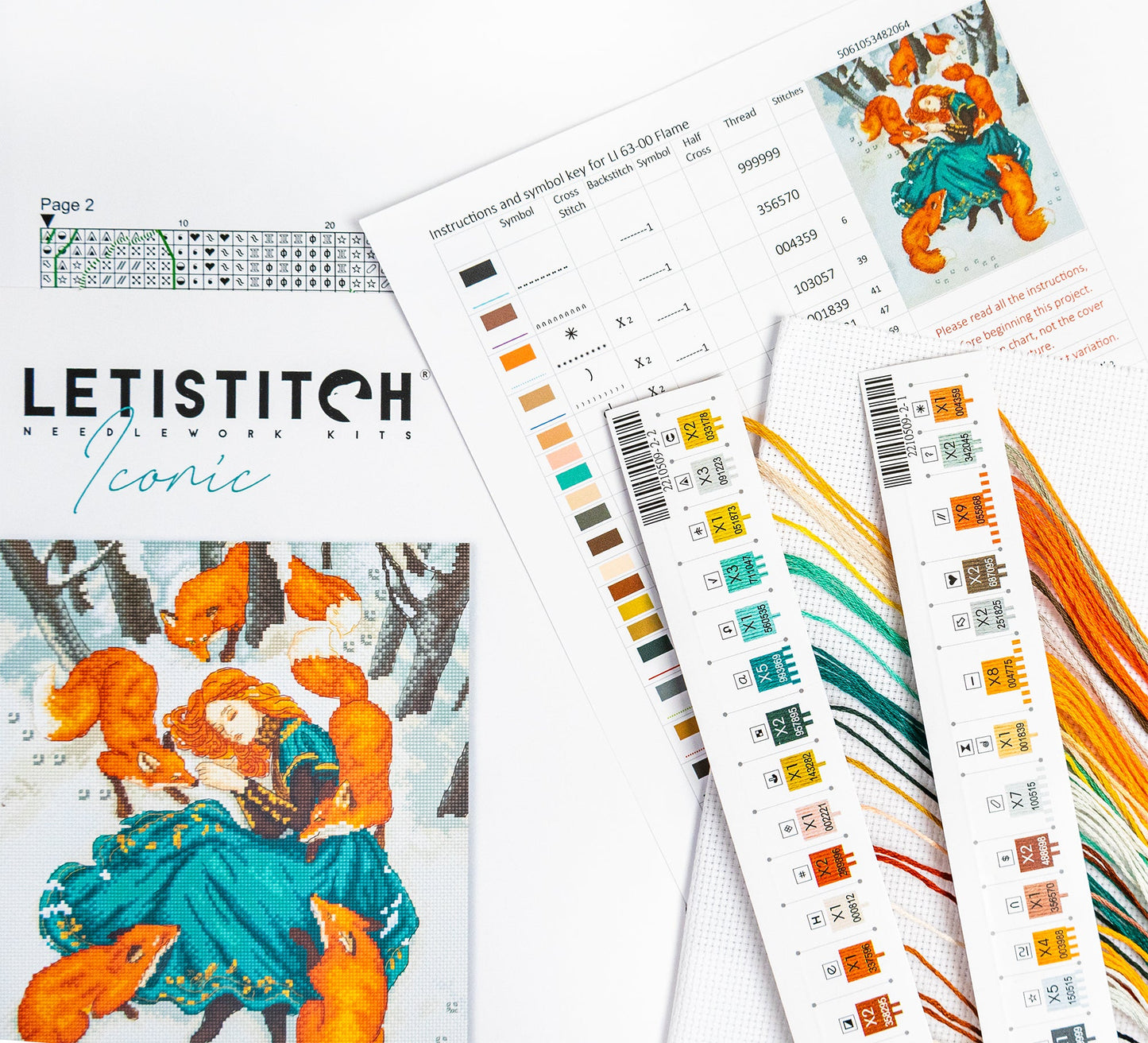 Letistitch needlework kit with pattern book, color chart, and cross-stitch fabric.
