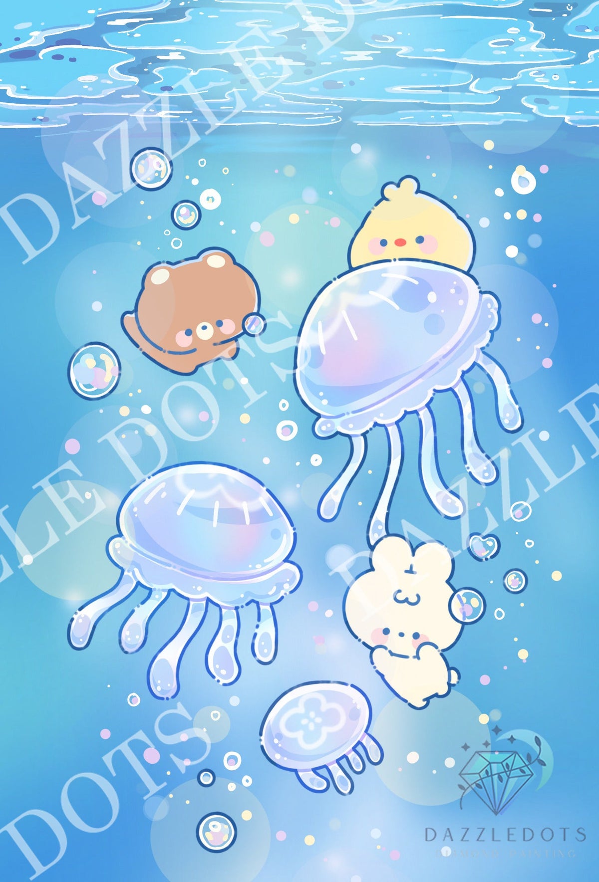 A cute underwater illustration with pastel jellyfish, a small yellow chick, a brown bear, and a white bunny on a blue water background with bubbles. Faint diagonal and vertical DAZZLEDOTS watermarks are visible across the artwork.