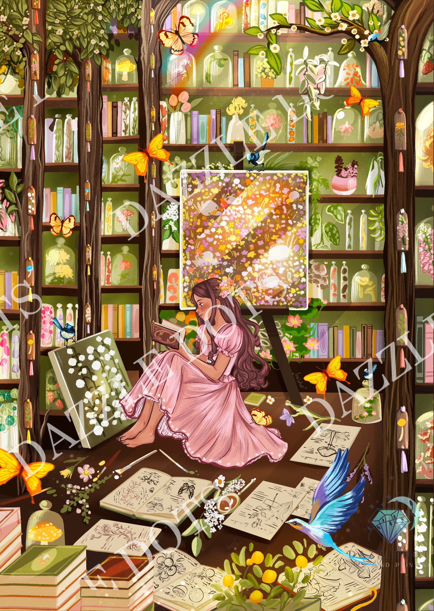 Diamond Painting Woman in a pink dress sitting in a magical library filled with books and mystical elements.