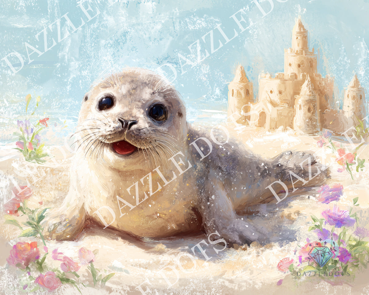 Seal lying on sand with a sandcastle and flowers in the background, featuring the brand 'DAZZLE'.