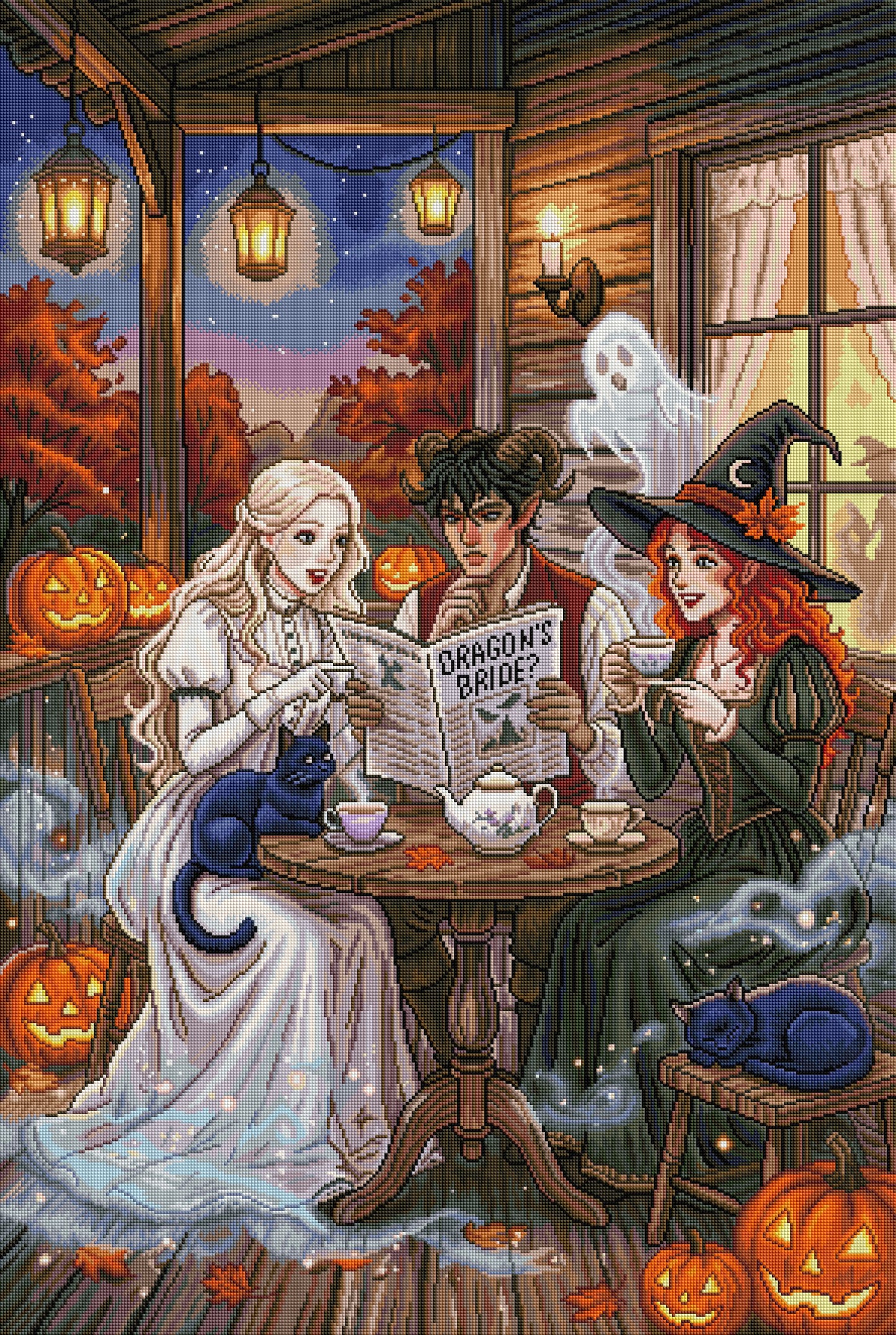 Three people in Halloween costumes reading a newspaper on a porch with pumpkins and ghosts.
