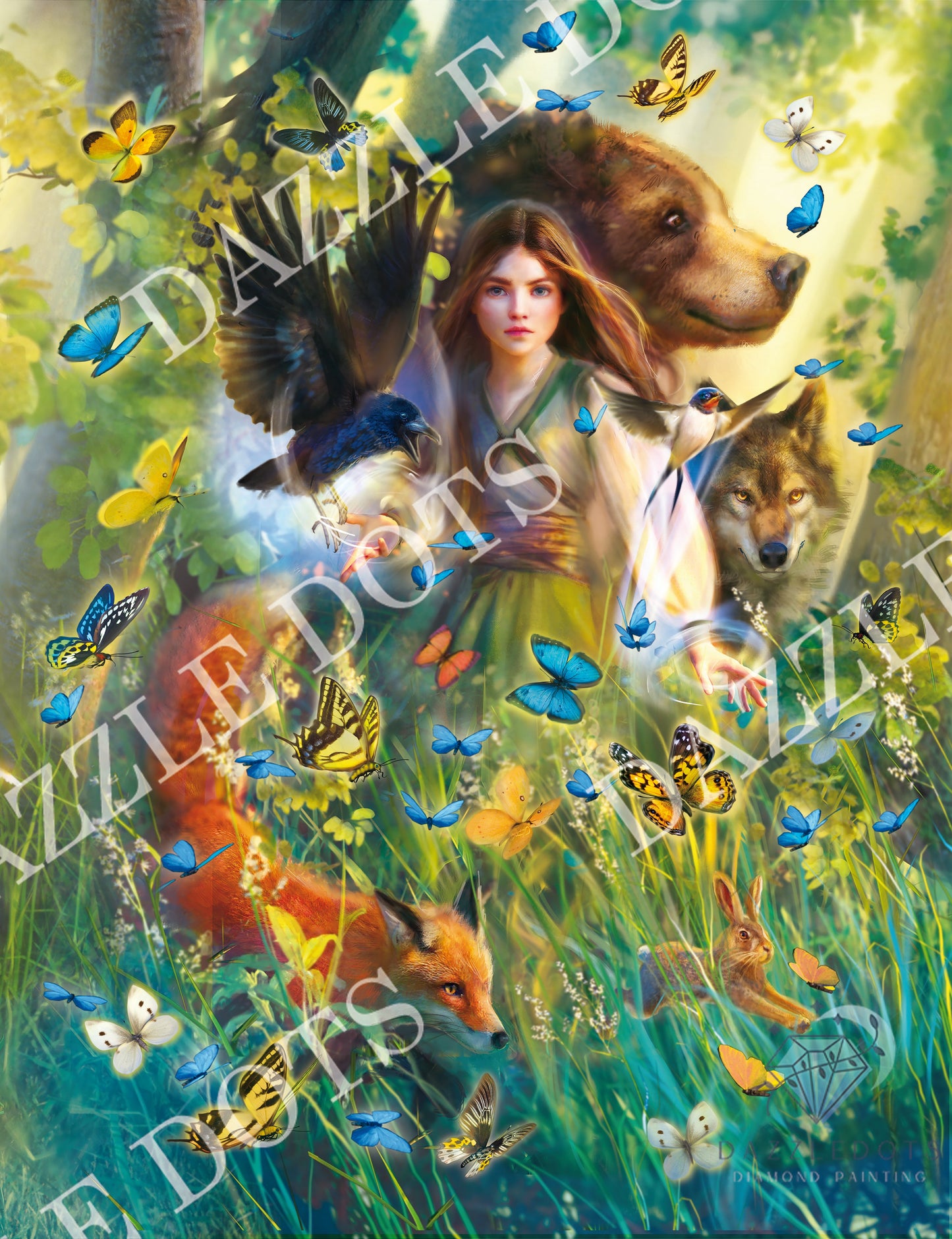 Crystal art diamond art club diamond painting Framed artwork of a woman surrounded by animals and butterflies in a forest setting.
