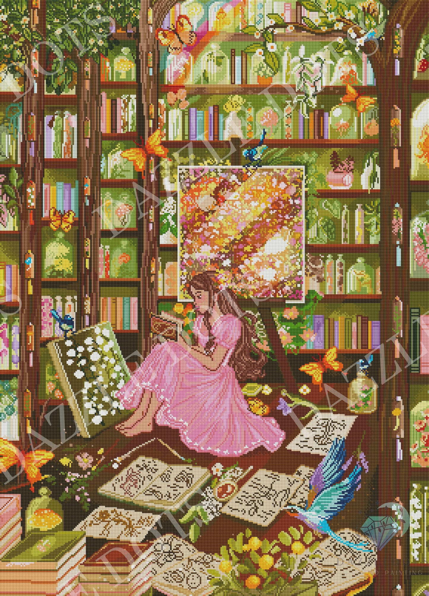 Crystal art Diamond Painting art clubWoman in a pink dress sitting in a magical library filled with books and mystical elements. Dazzle Dots logo