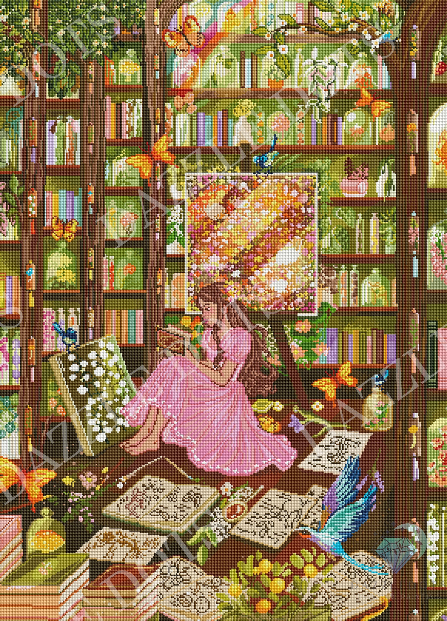 Crystal art Diamond Painting art clubWoman in a pink dress sitting in a magical library filled with books and mystical elements. Dazzle Dots logo