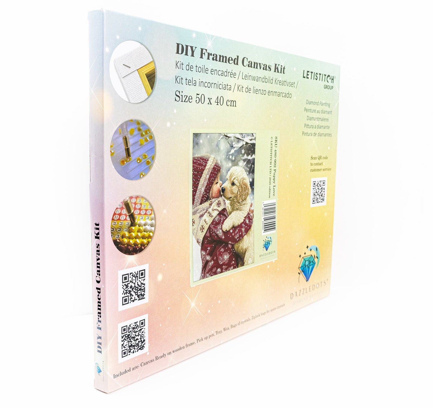 DIY Framed Canvas Kit packaging with images and text on a white background