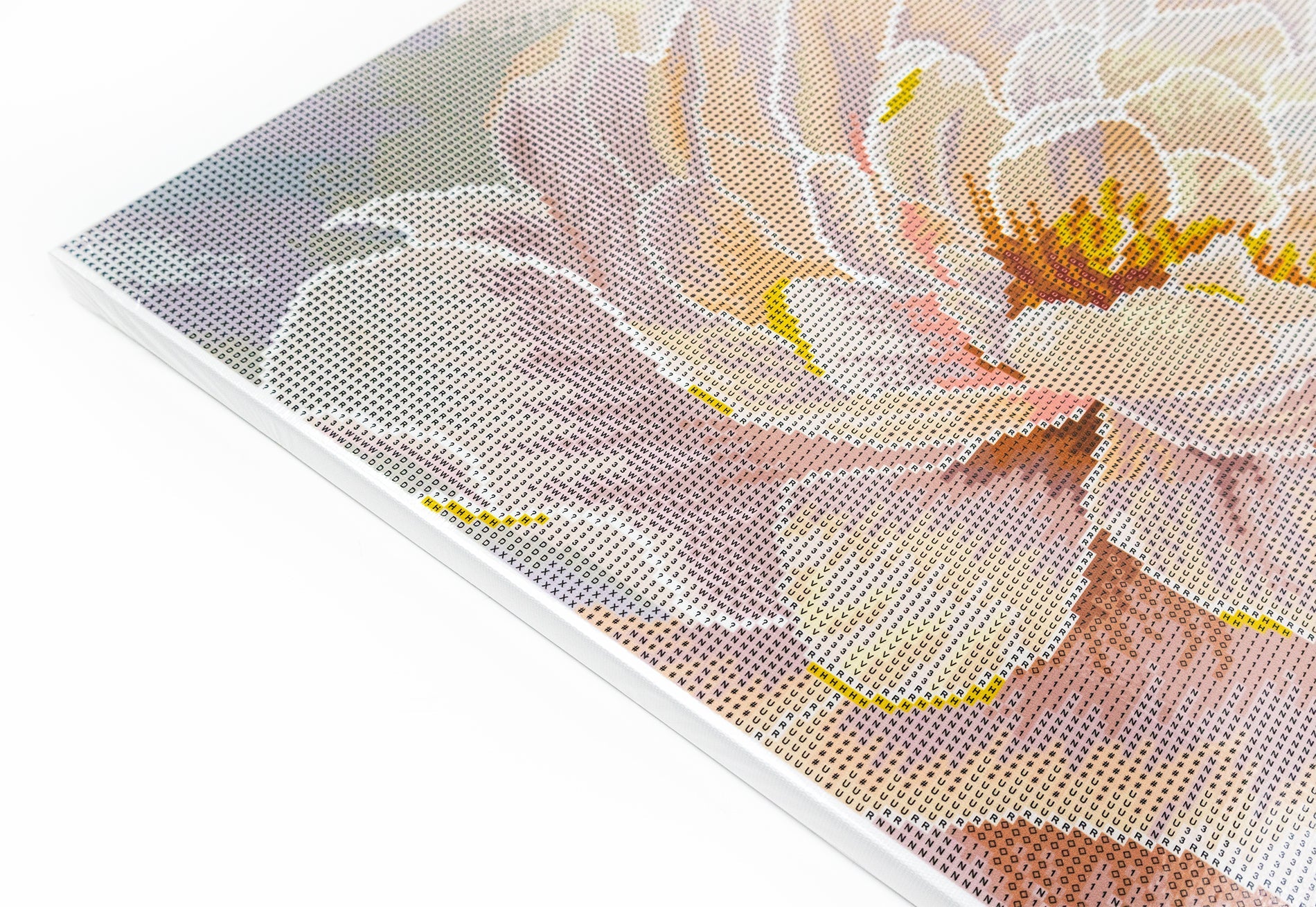 Partial view of a diamond painting with a floral design on a white background