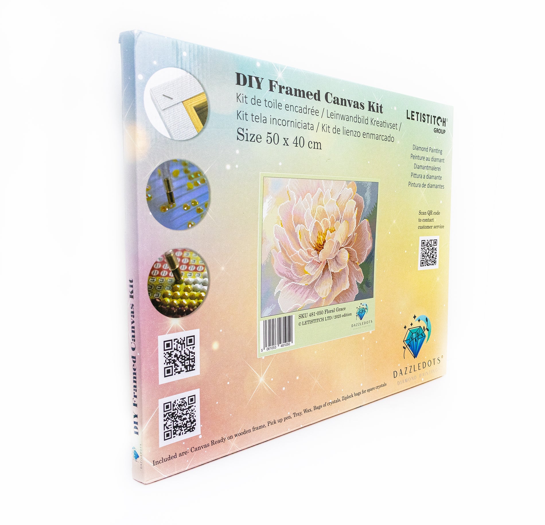DIY Framed Canvas Kit packaging with floral design and QR codes on a white background
