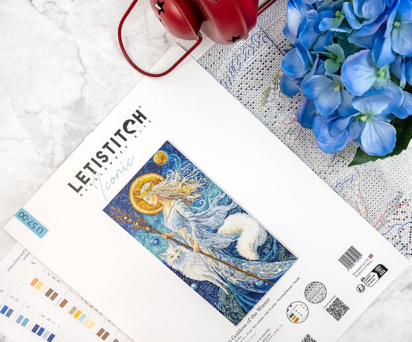 Letistitch cross stitch kit with blue flowers.