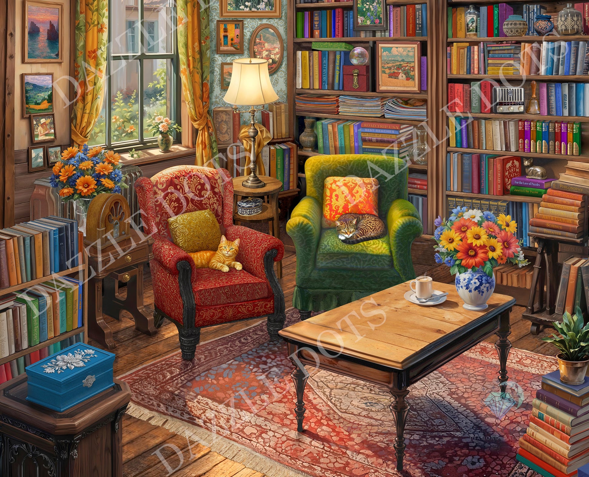 Diamond painting of a Cozy living room with bookshelves, armchairs, and a coffee table.