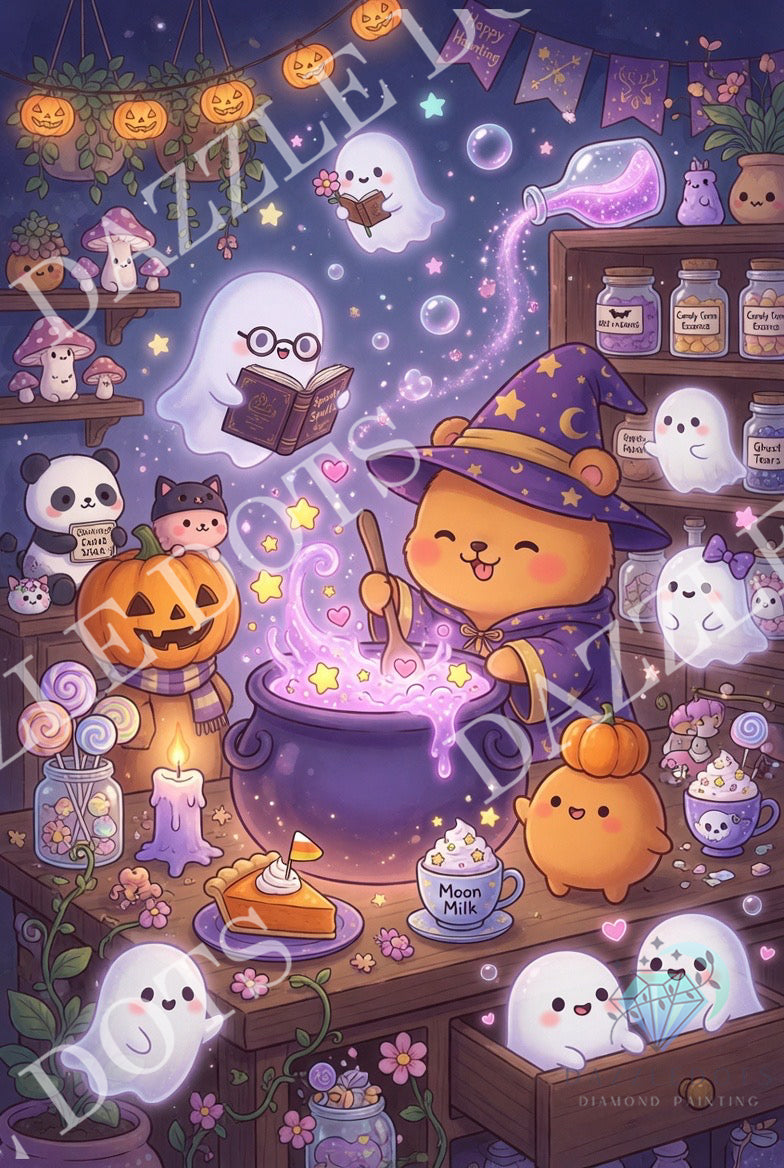 Illustration of a witch character preparing a potion with ghosts and pumpkins around, featuring a cozy, magical atmosphere.