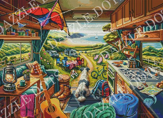 A colorful cross-stitch or needlework-style artwork depicting the inside of a camper van with a scenic outdoor landscape visible through the open door. The scene includes a guitar, lantern, bicycle, stove, rolled blankets, and a dog standing at the doorway.