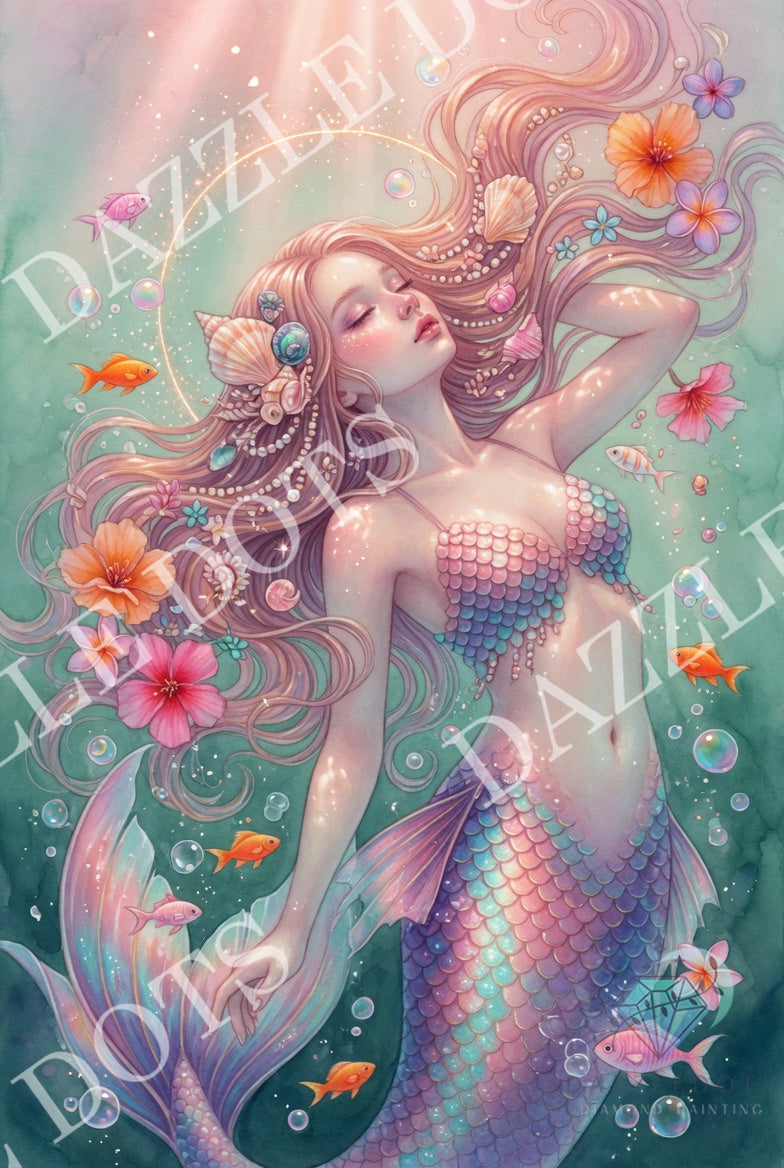 A fantasy mermaid illustration with a glowing face, long flowing pastel hair, a scaled tail in pink, blue, and purple, surrounded by flowers, bubbles, and small orange fish. A large translucent watermark reading 'DAZZLE DOTS' overlays the artwork.