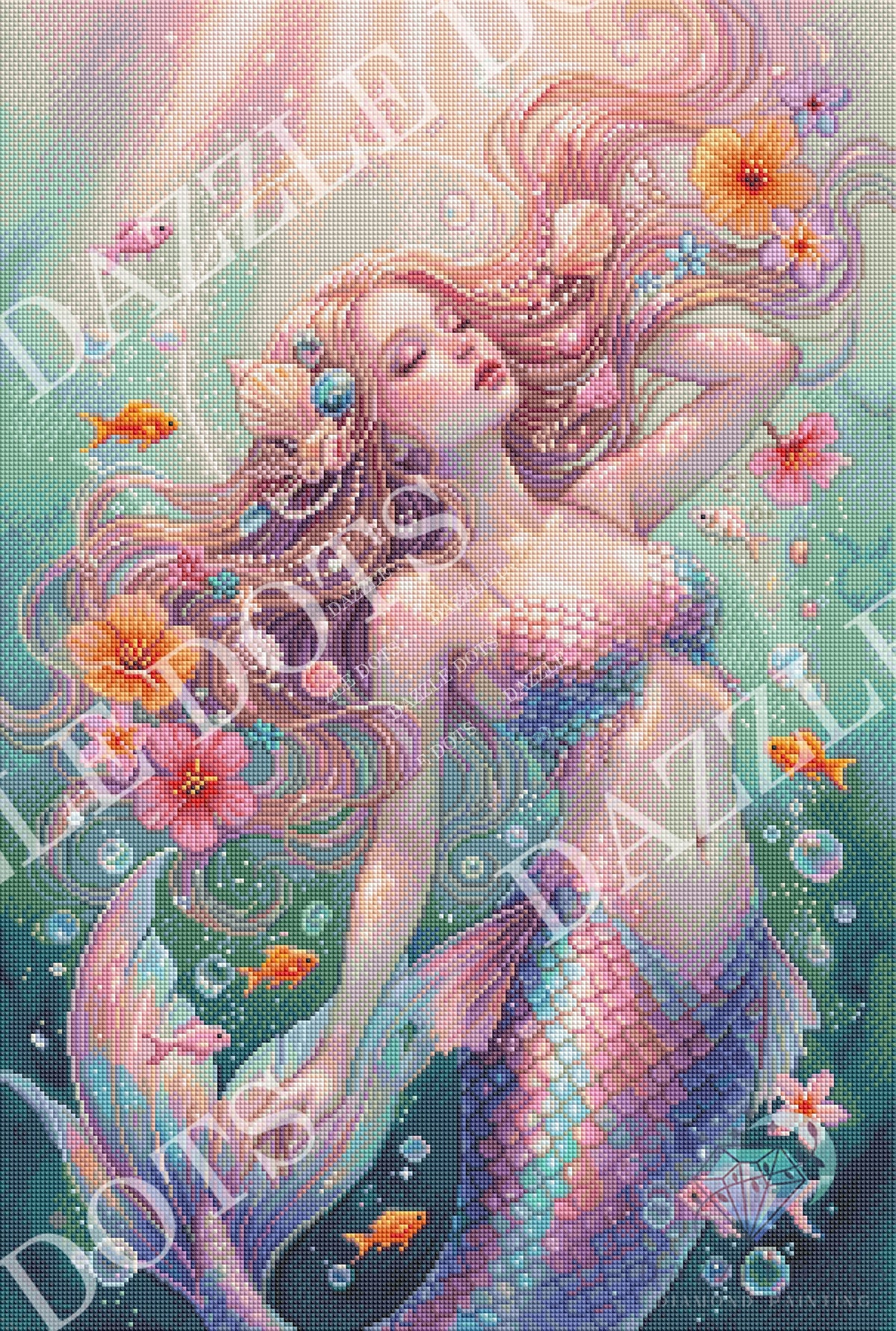 A colorful mermaid artwork with flowing pastel hair, a pink and blue scaled tail, sea flowers, bubbles, and small fish on a teal underwater-style background. Large diagonal 'DAZZLE' watermarks are visible across the image.