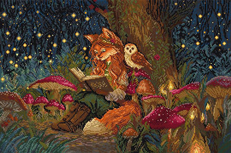 cross stitch of a fox and owl reading a book in a forest at night with glowing mushrooms.