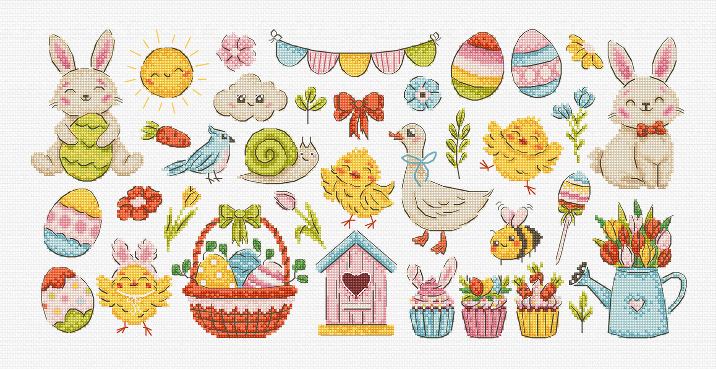 Collection of Easter-themed illustrations including bunnies, eggs, chicks, and flowers on a white background. Cross stitch kit