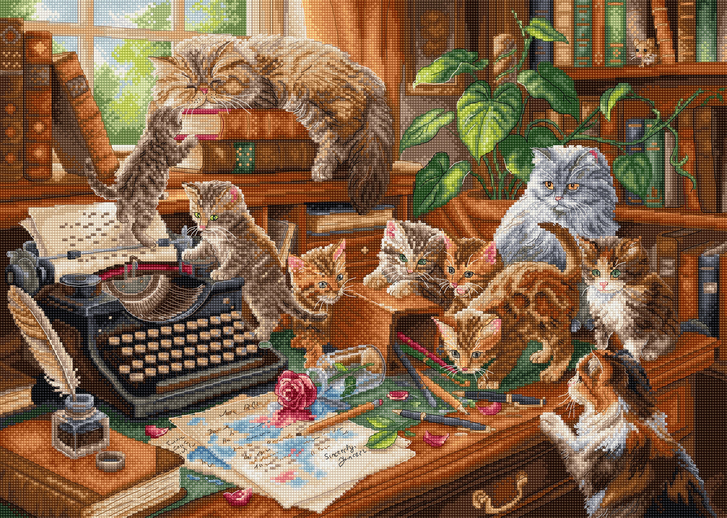 Cross-stitched scene of cats around a typewriter in a cozy room with books and plants.