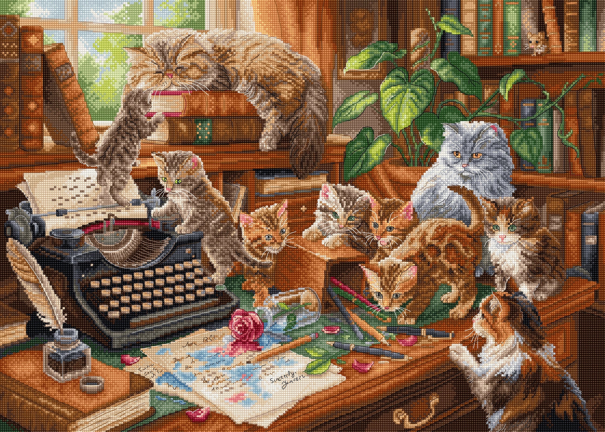 Cross-stitched scene of cats around a typewriter in a cozy room with books and plants.