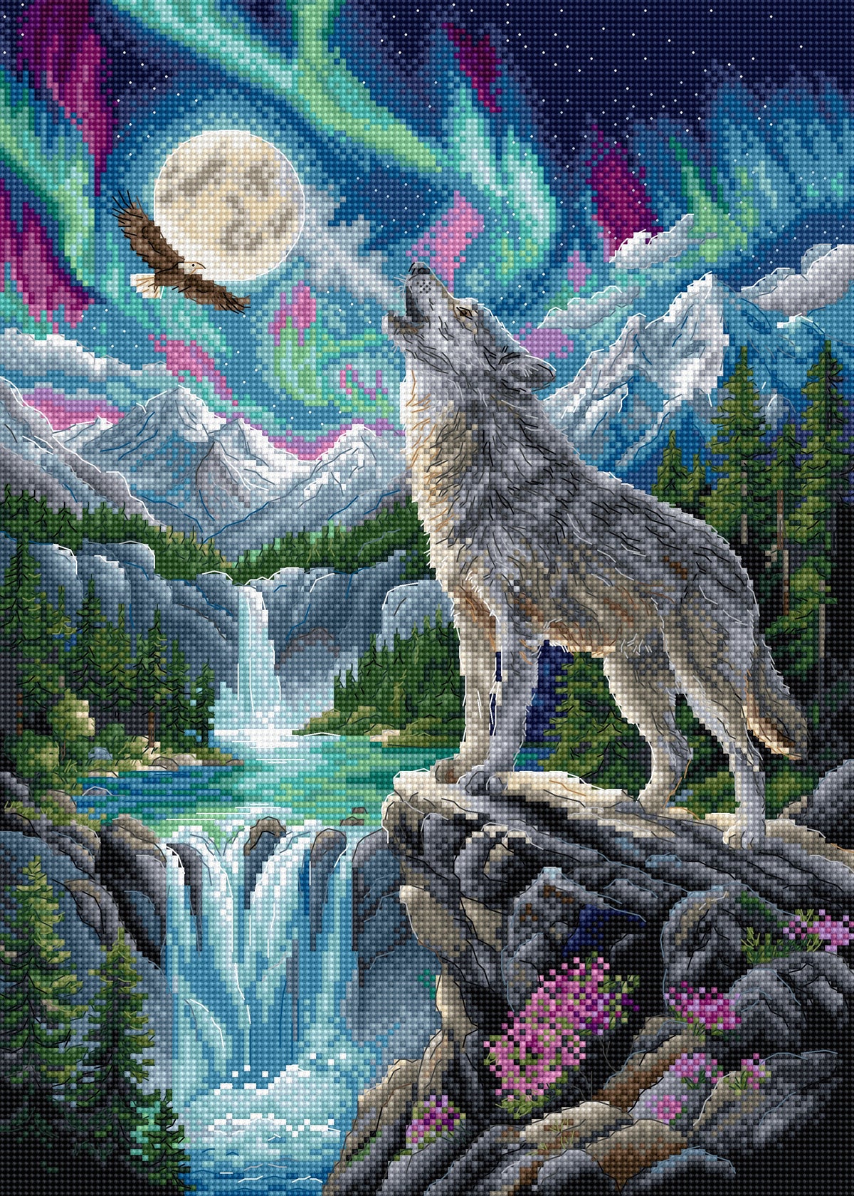 Cross-stitched scene of a wolf howling at the moon with mountains and waterfall in the background