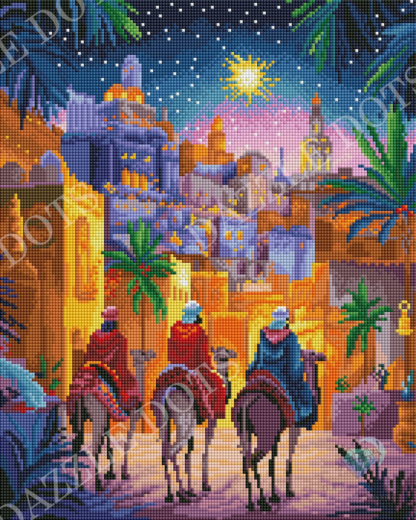 Diamond art style depiction of three kings on camels in an desert landscape with palm trees and a bright star.