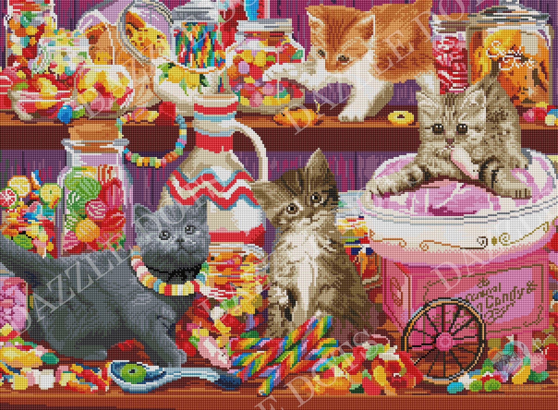 Diamond art club kit of scene with cats and candy, featuring a colorful and detailed design.