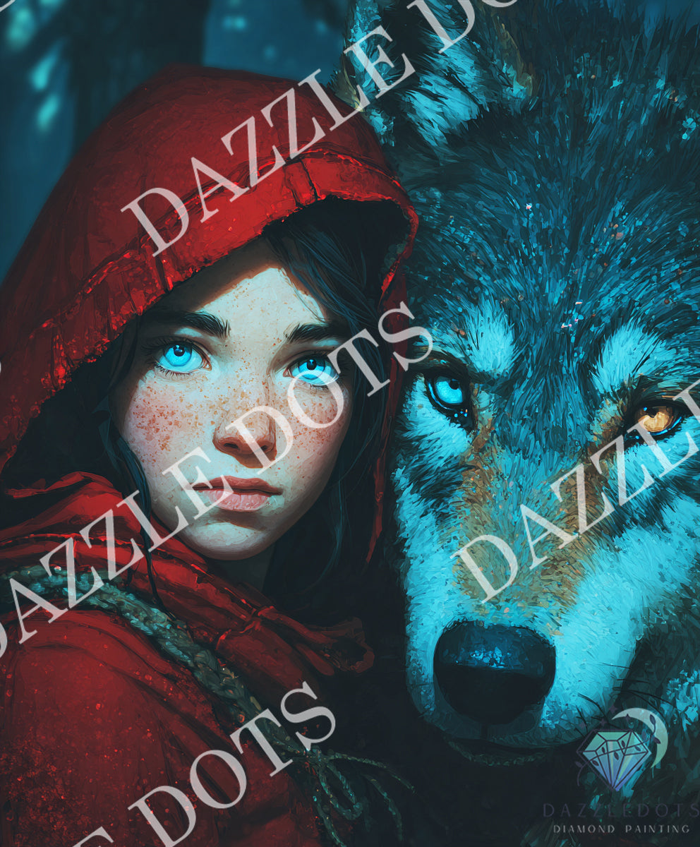 Crystal art diamond art club diamond painting Person in a red hood with a wolf, both with glowing eyes, featuring 'DAZZLE DOTS' branding.