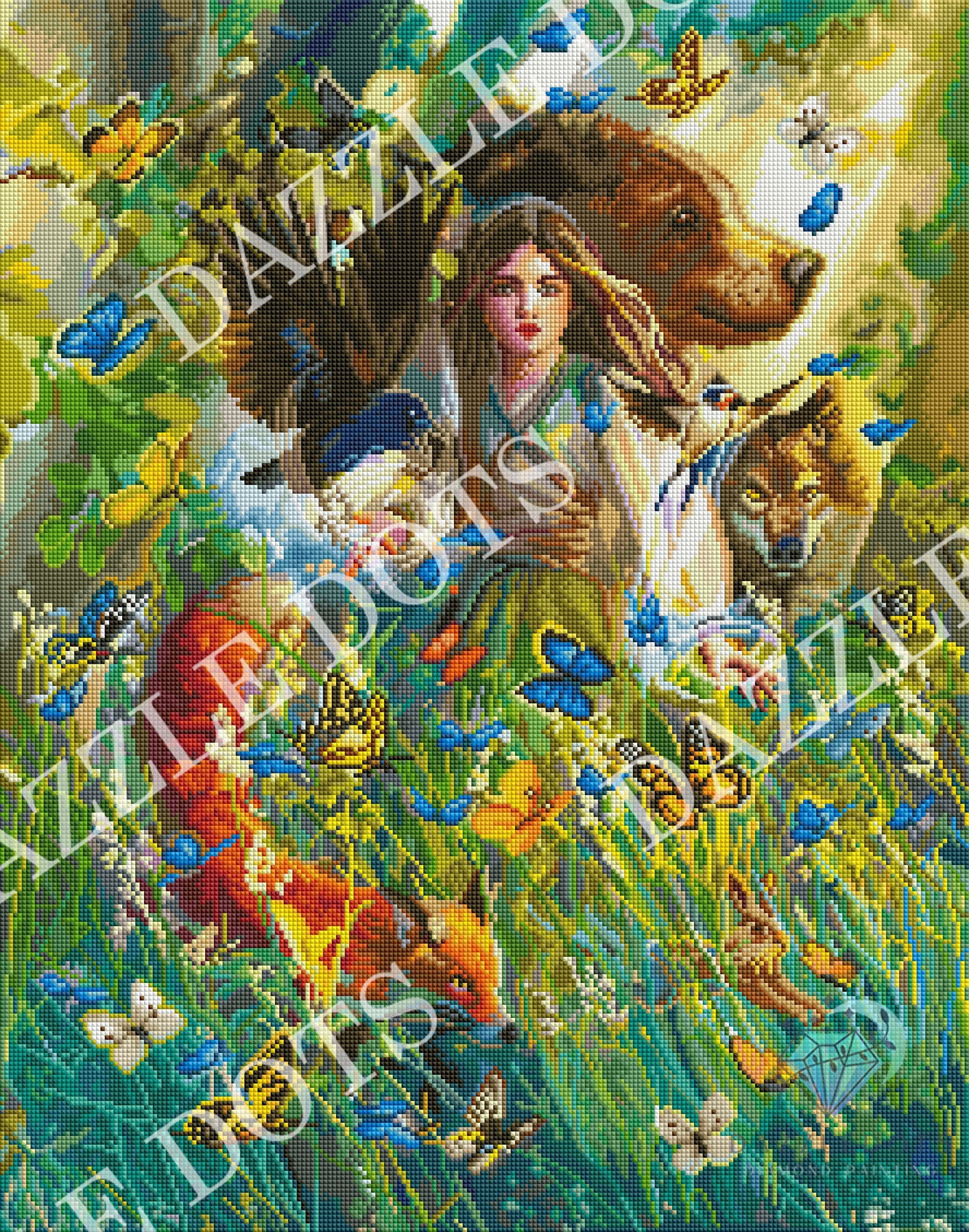 Crystal art diamond art club diamond painting  design with a woman surrounded by animals and butterflies, featuring the brand Dazzle Dots
