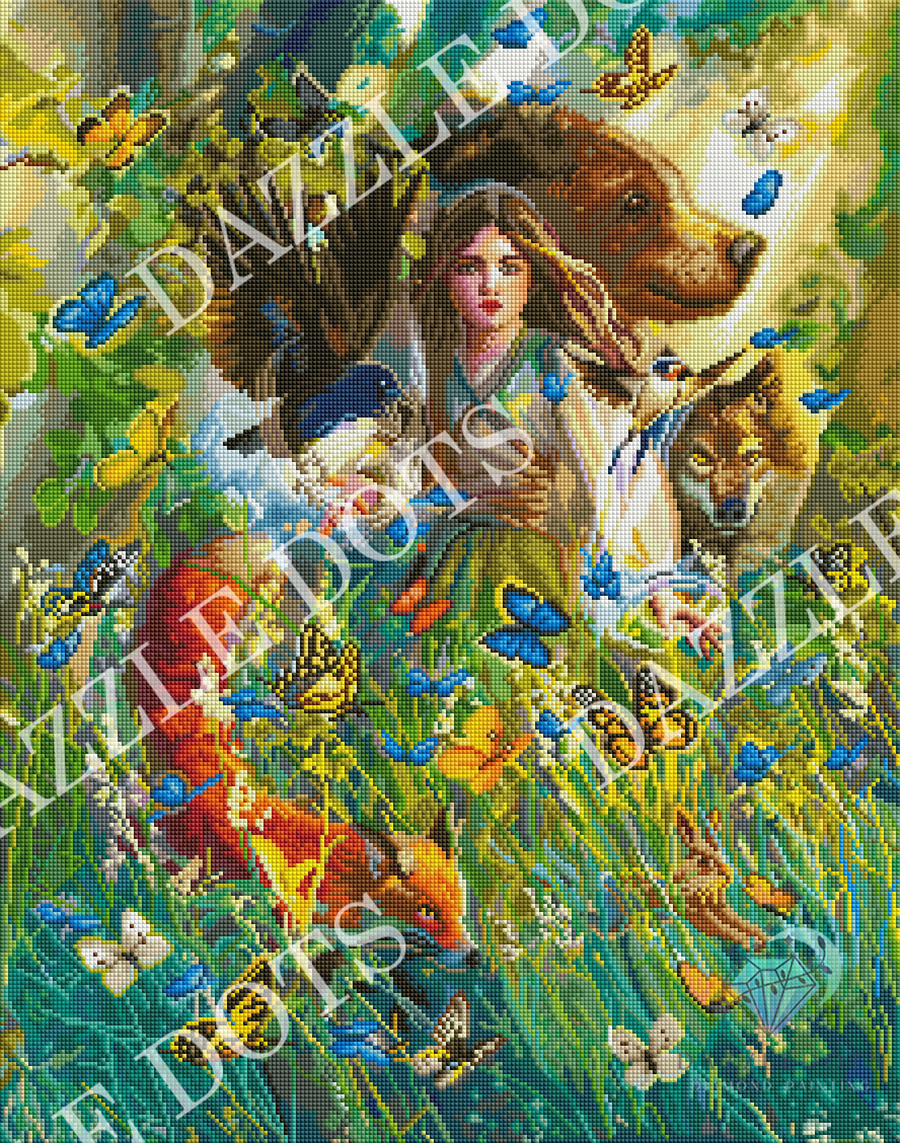 Crystal art diamond art club diamond painting  design with a woman surrounded by animals and butterflies, featuring the brand Dazzle Dots