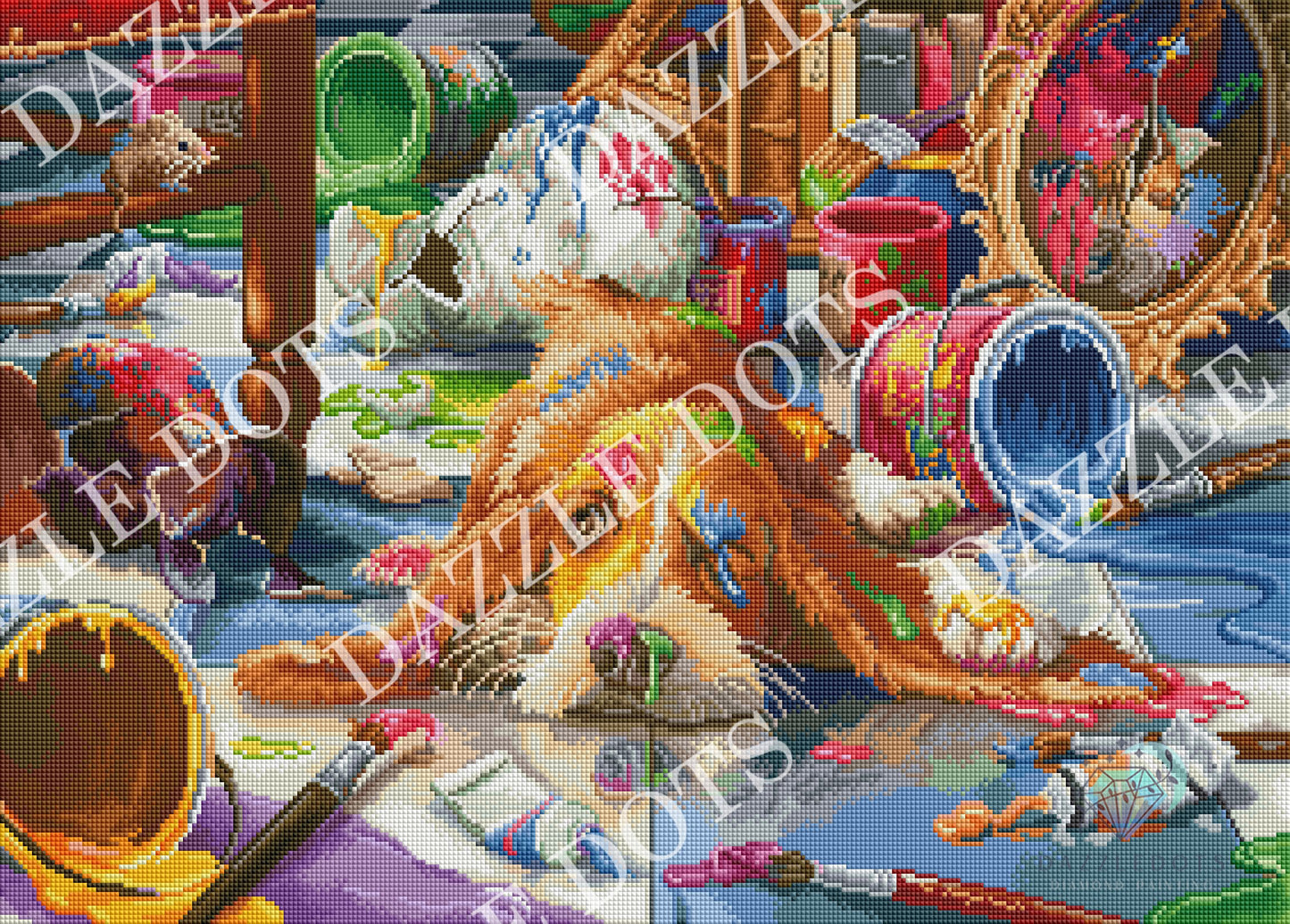 Crystal art diamond art club diamond painting  scene with a puppy playing with toys on a colorful background