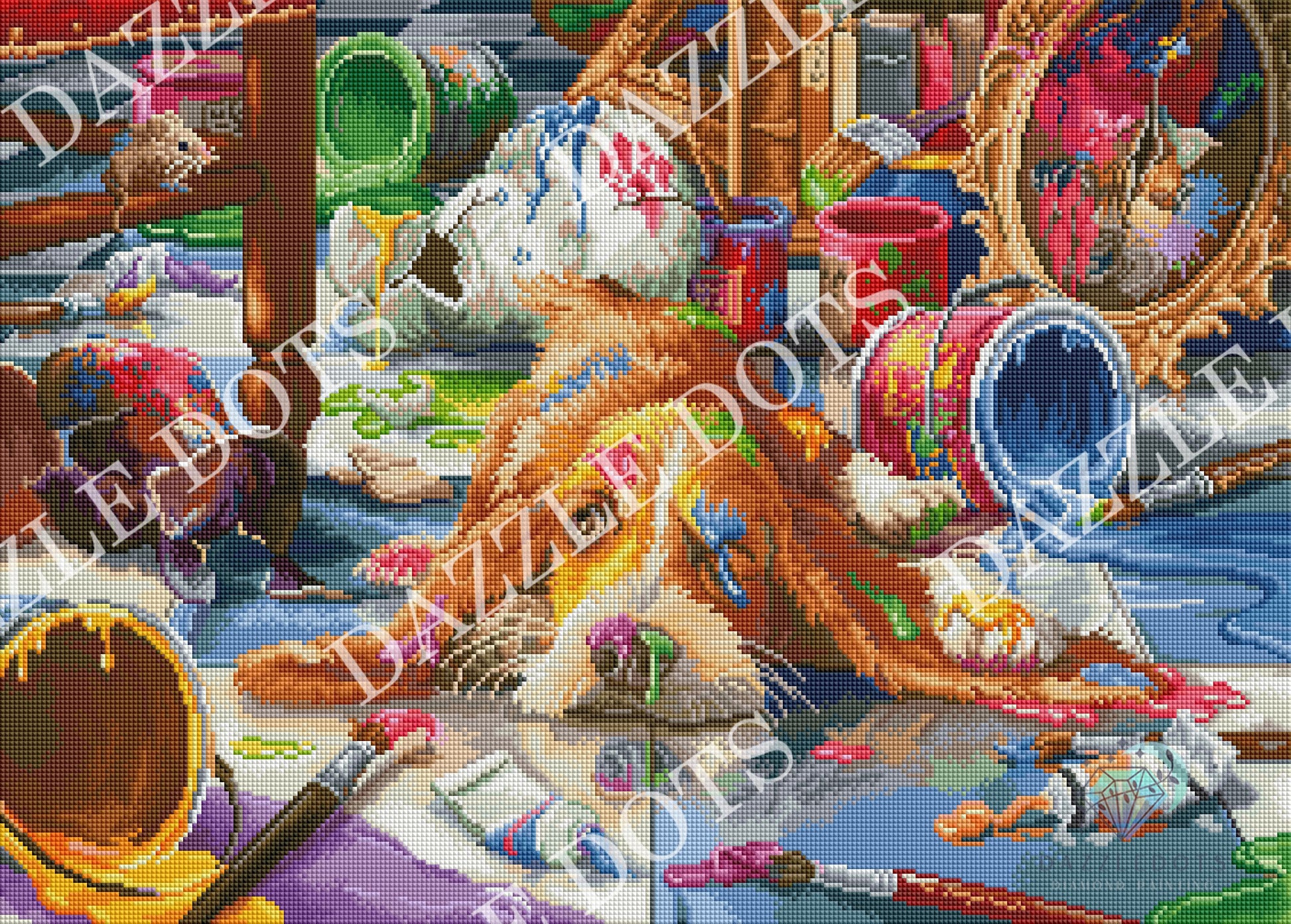 Crystal art diamond art club diamond painting  scene with a puppy playing with toys on a colorful background