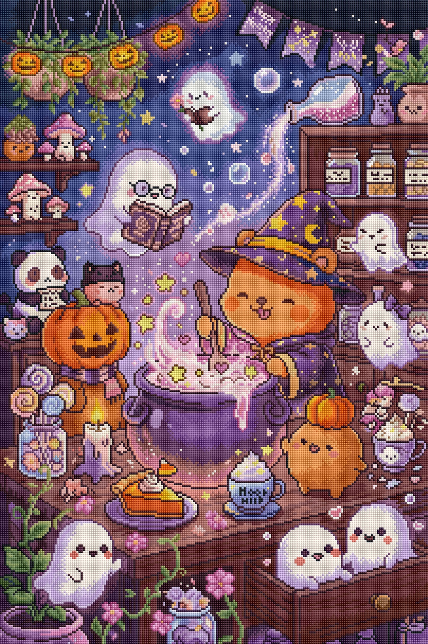Halloween-themed cross-stitch pattern with a cat in a witch hat, ghosts, pumpkins, and a potion.
