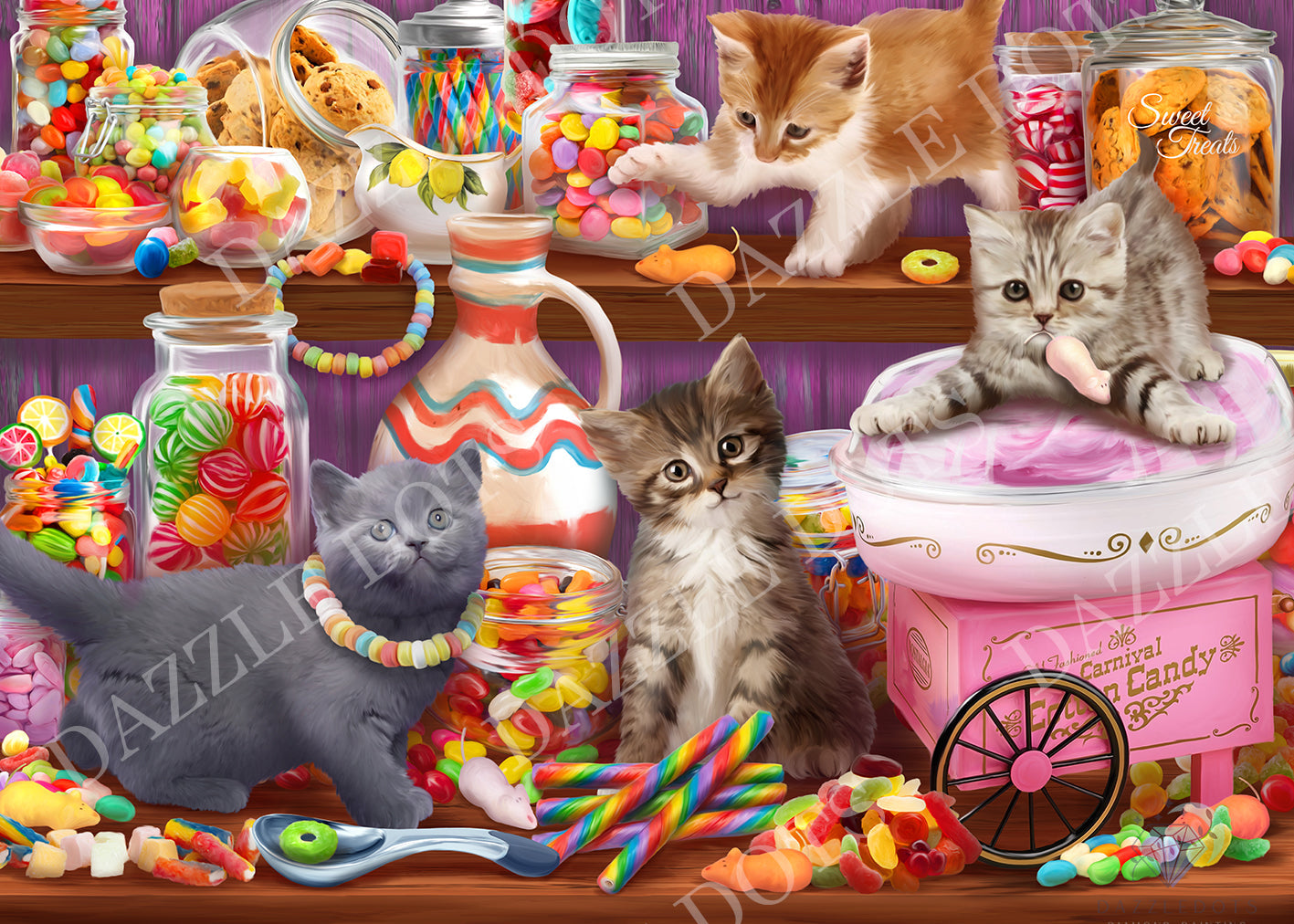 Three kittens surrounded by colorful candies and toys on a wooden surface.