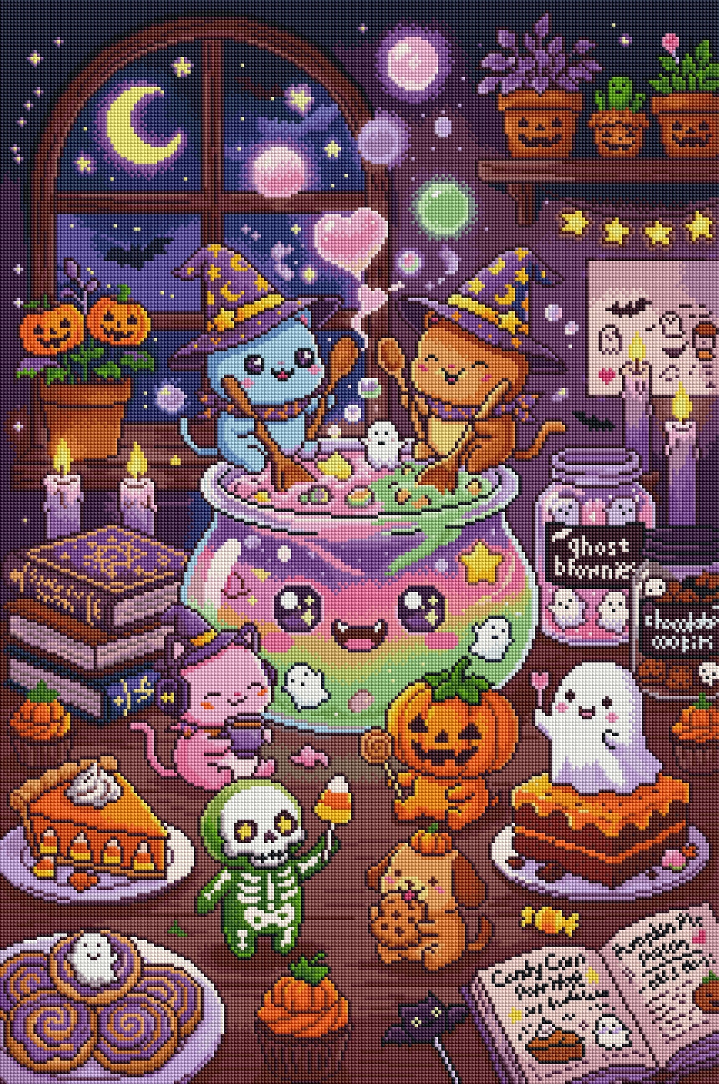 Diamond painting pattern of Halloween-themed characters and treats with a cozy indoor setting.