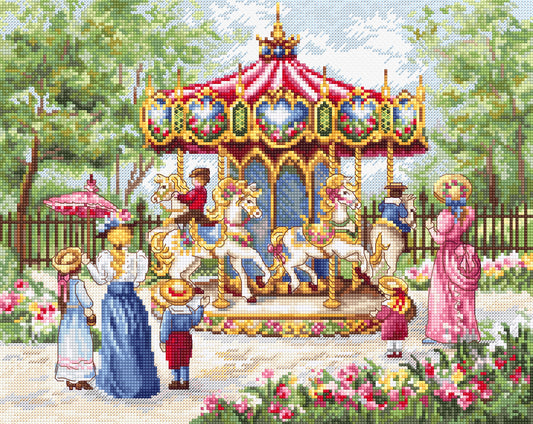 A colorful cross-stitch style illustration of a vintage carousel in a park, with children and adults gathered around it. The scene includes a red and white striped canopy, gold trim, white horses, and green trees in the background.