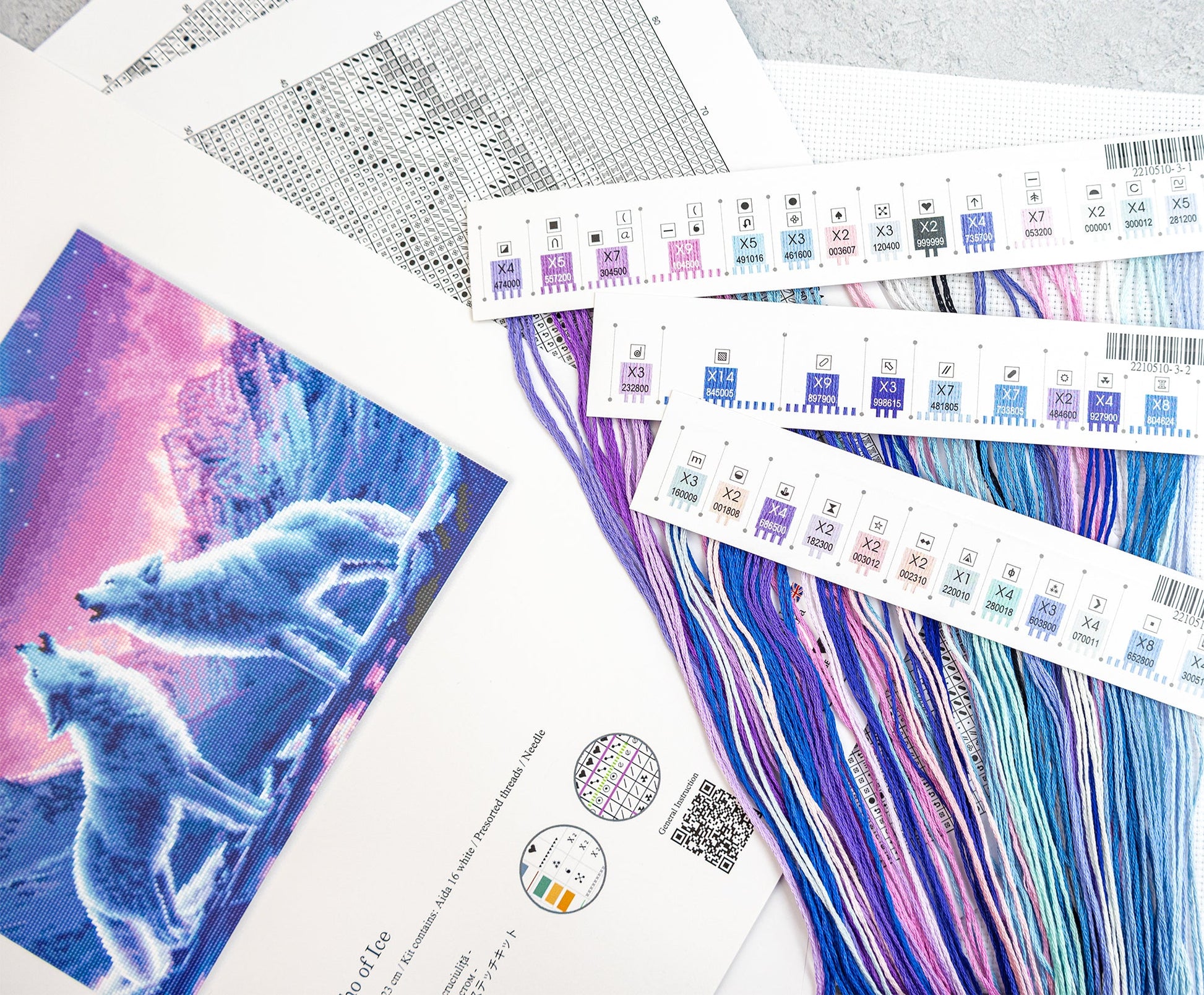 Color swatches and a graphic of two wolves on a textured surface