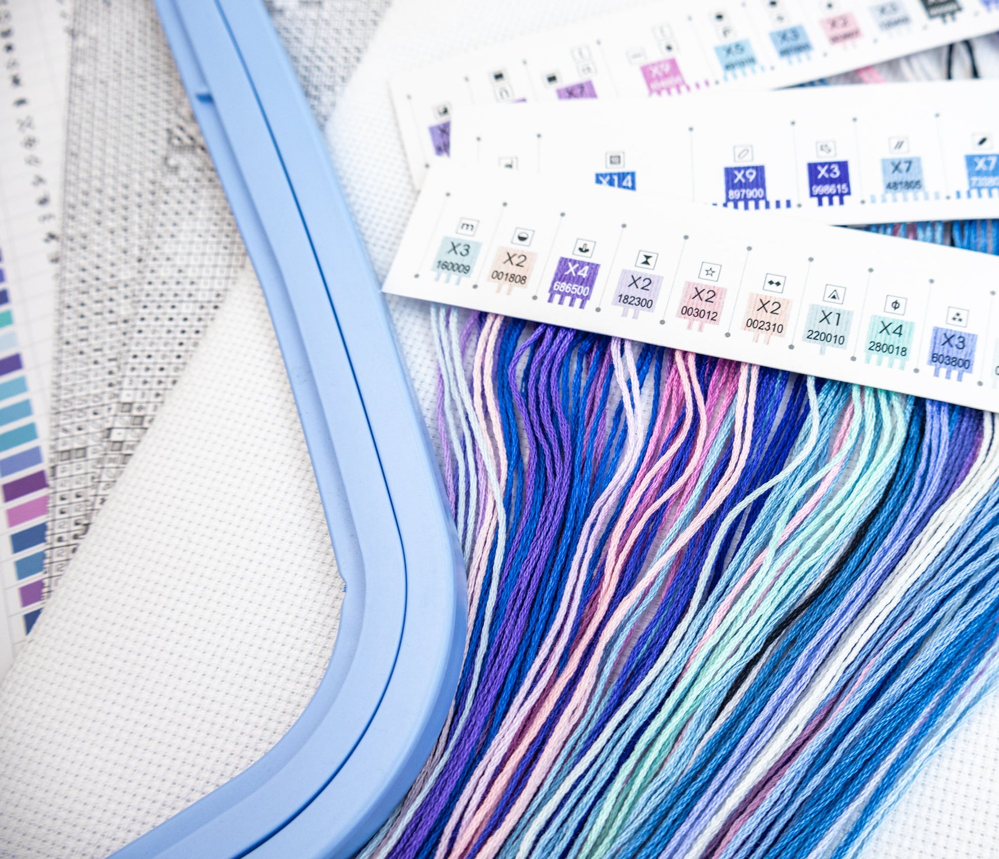 Embroidery hoop with colorful threads and a color chart on a white background