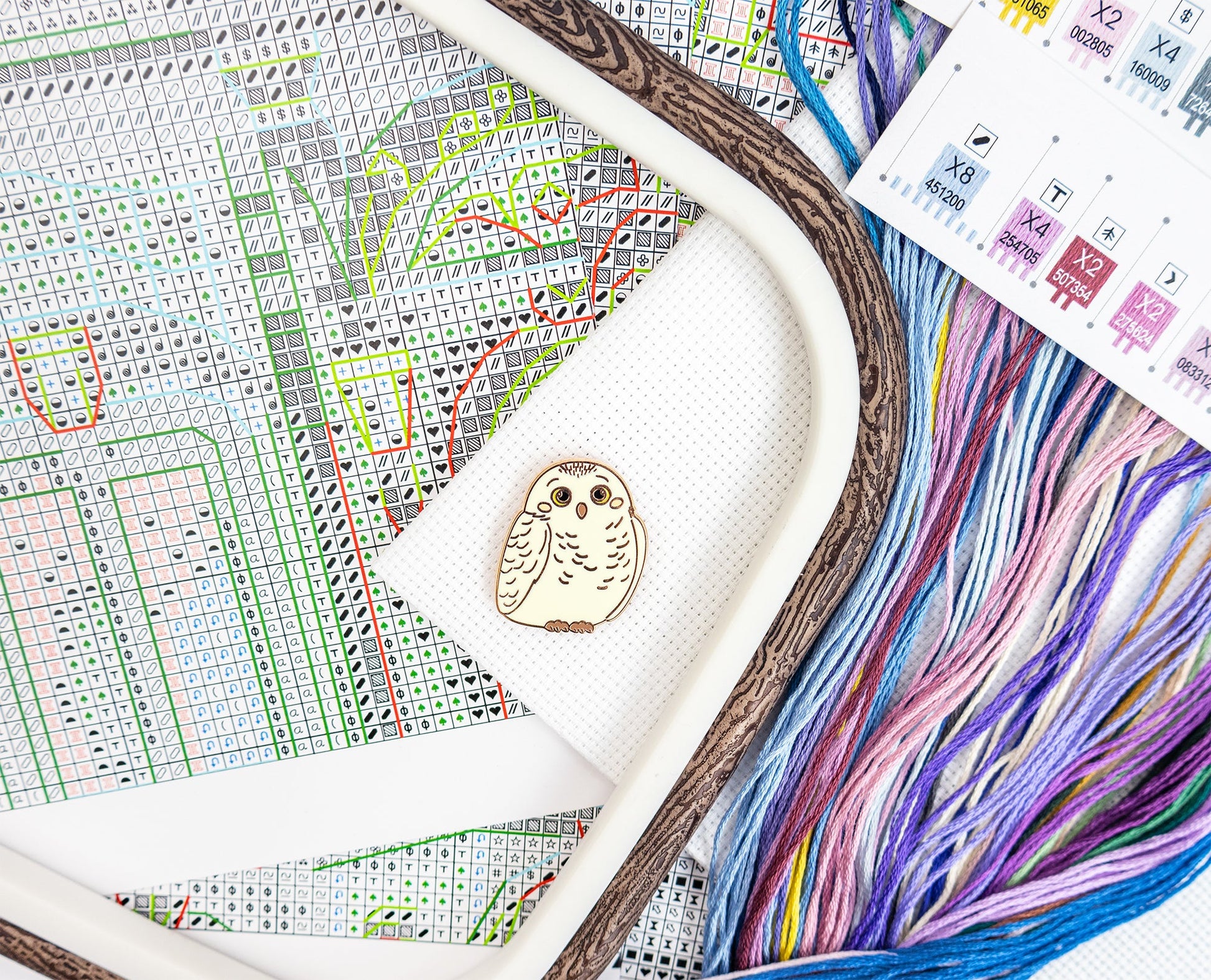 Cross-stitching materials including a pattern sheet, thread, and a completed owl design.