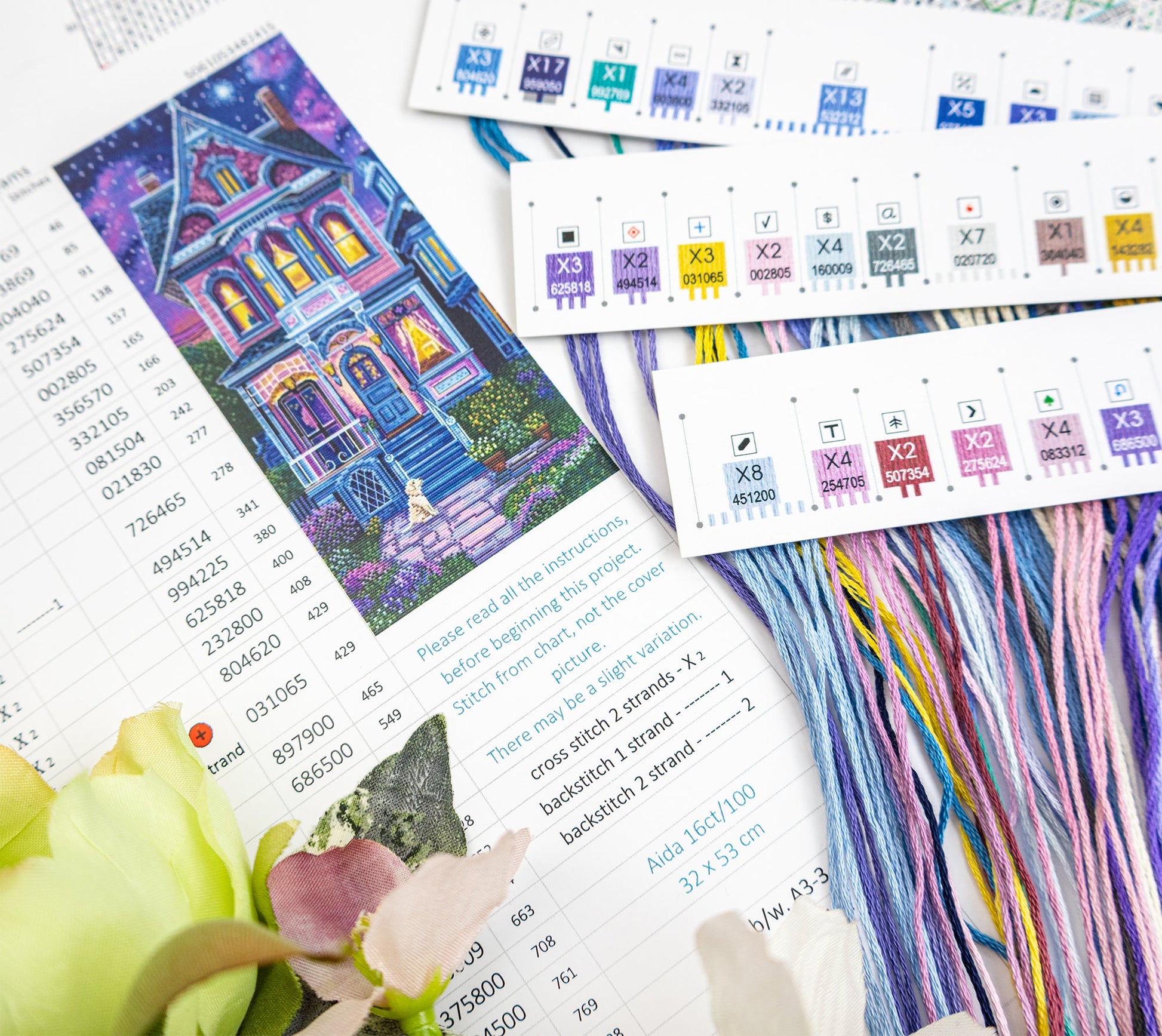 Embroidery pattern with colorful threads and a floral design