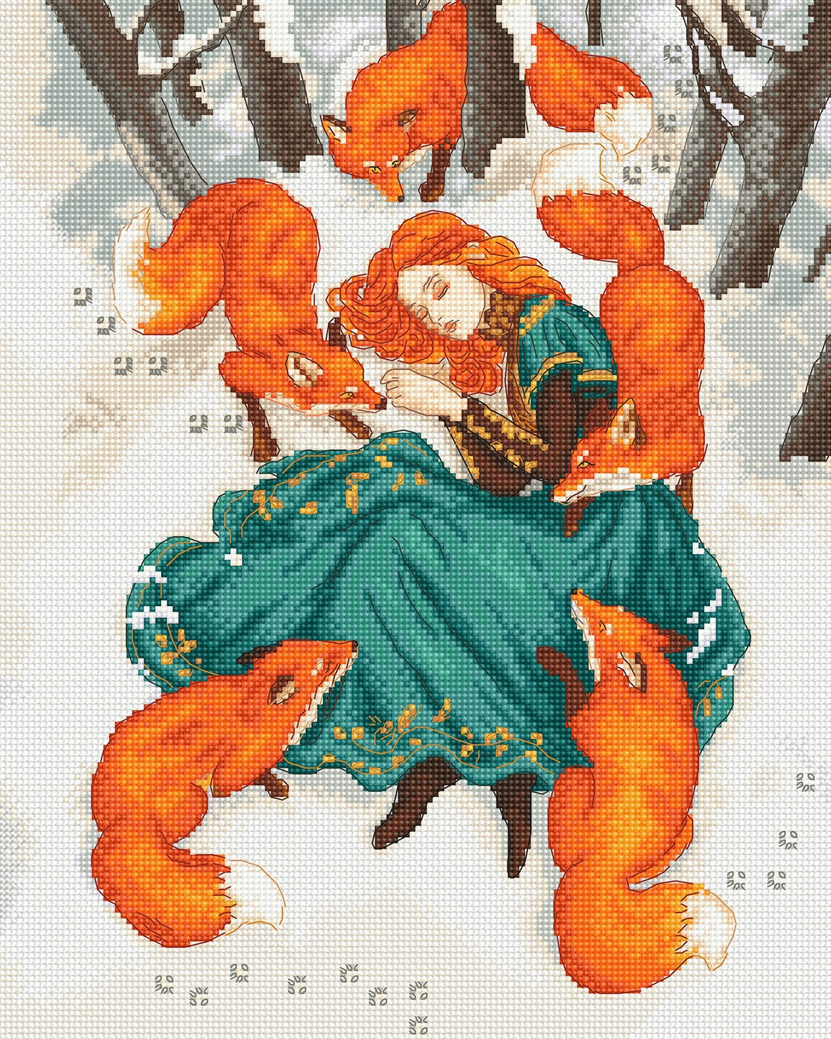 Cross-stitched design of a woman in a green dress surrounded by foxes in a snowy forest.