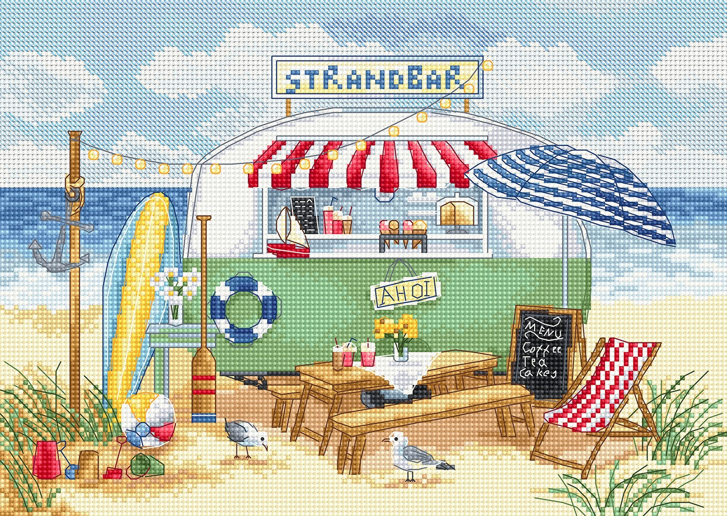 Beachside Strand Bar scene with a colorful umbrella and deck chairs.