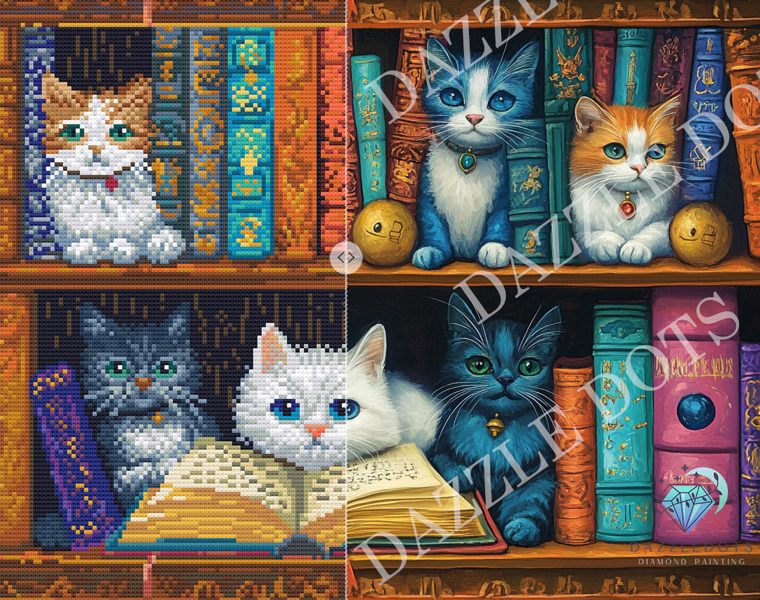 Diamond painting of cats on a bookshelf with books and a crystal ball.