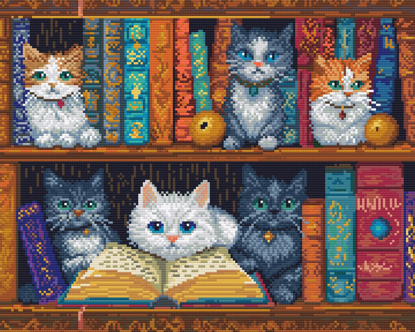 Crystal art of cats on a bookshelf with books and a globe