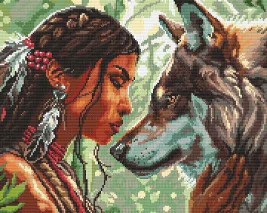 Diamond art club kit depiction of a Native American woman with a wolf in a forest setting