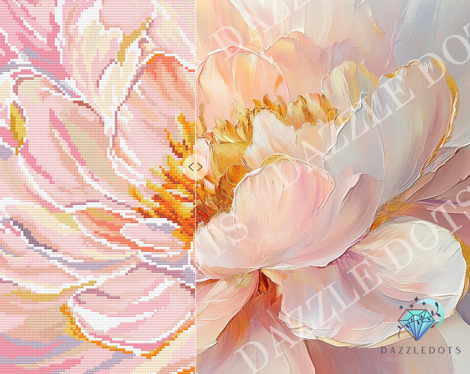 Close-up of a diamond art club painting with a floral design, showing both completed and unpainted sections.
