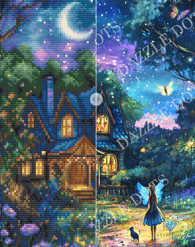 diamond painting images of a fairy and a house in a forest at night.