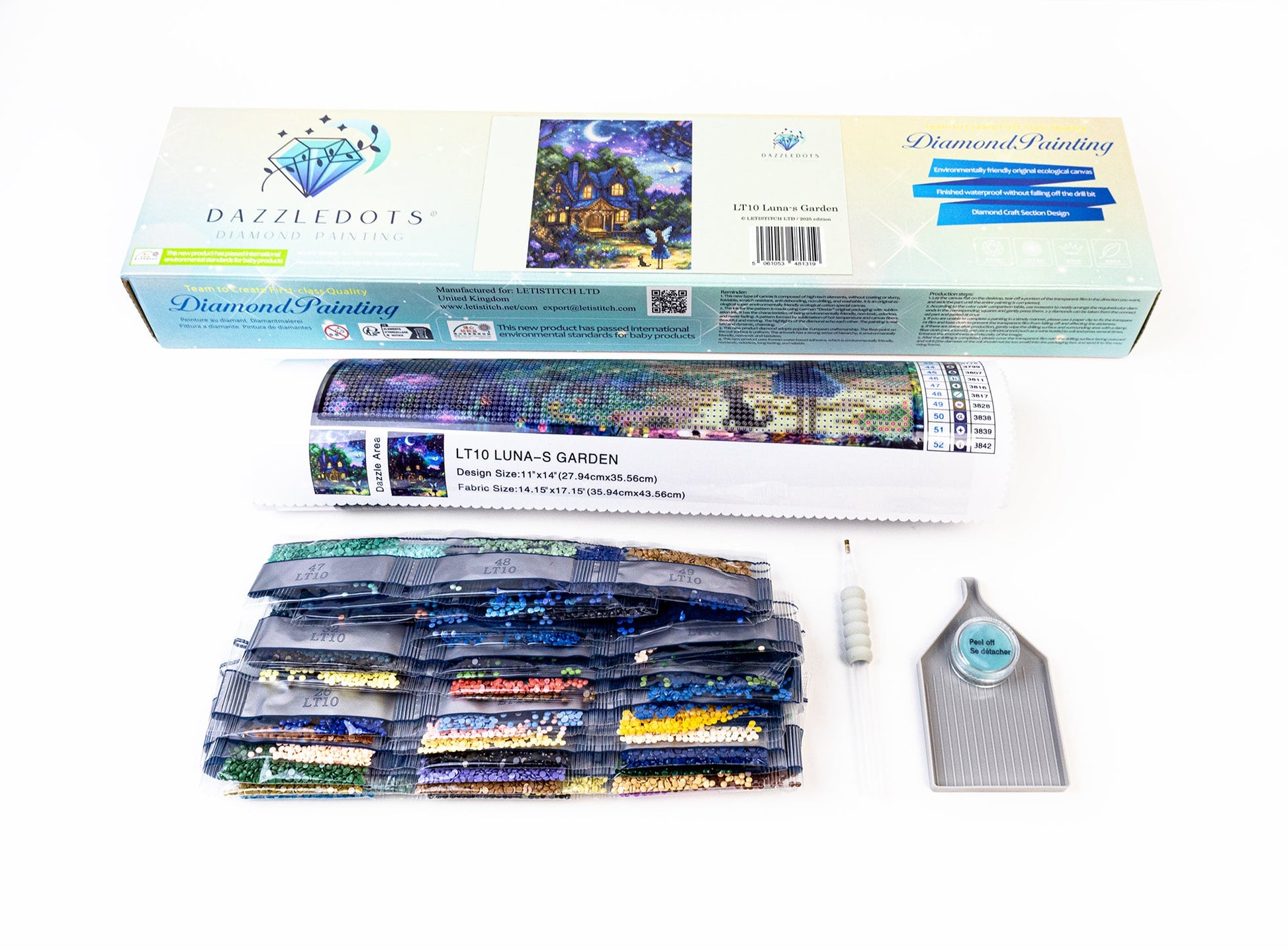 Diamond painting kit with packaging, tools, and materials on a white background