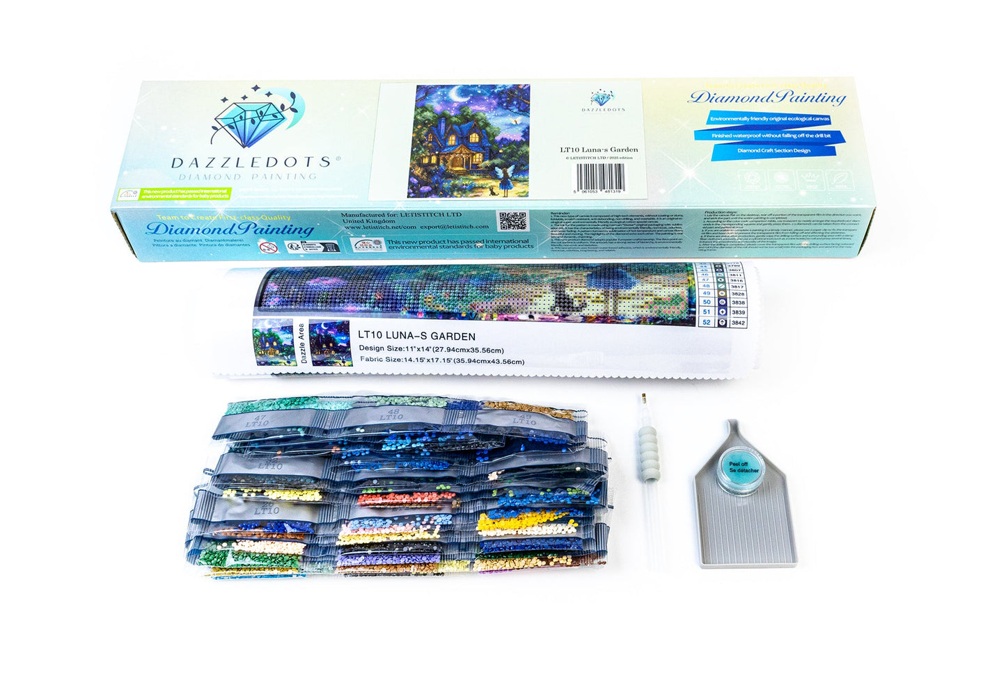 Diamond painting kit with materials on a white background