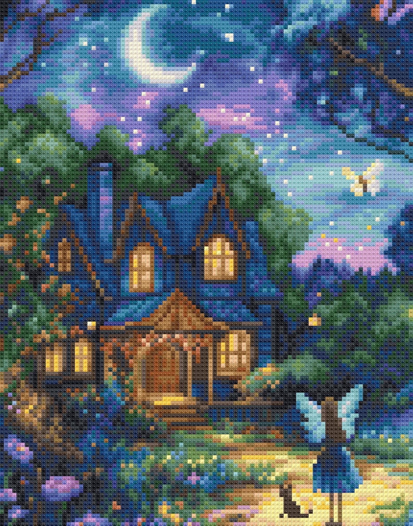 Crystal art of a fairy by a magical house under a starry night sky