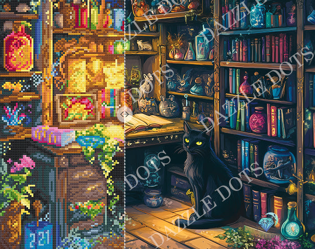 Diamond art kit  of a black cat in a cozy, book-filled room with various objects.