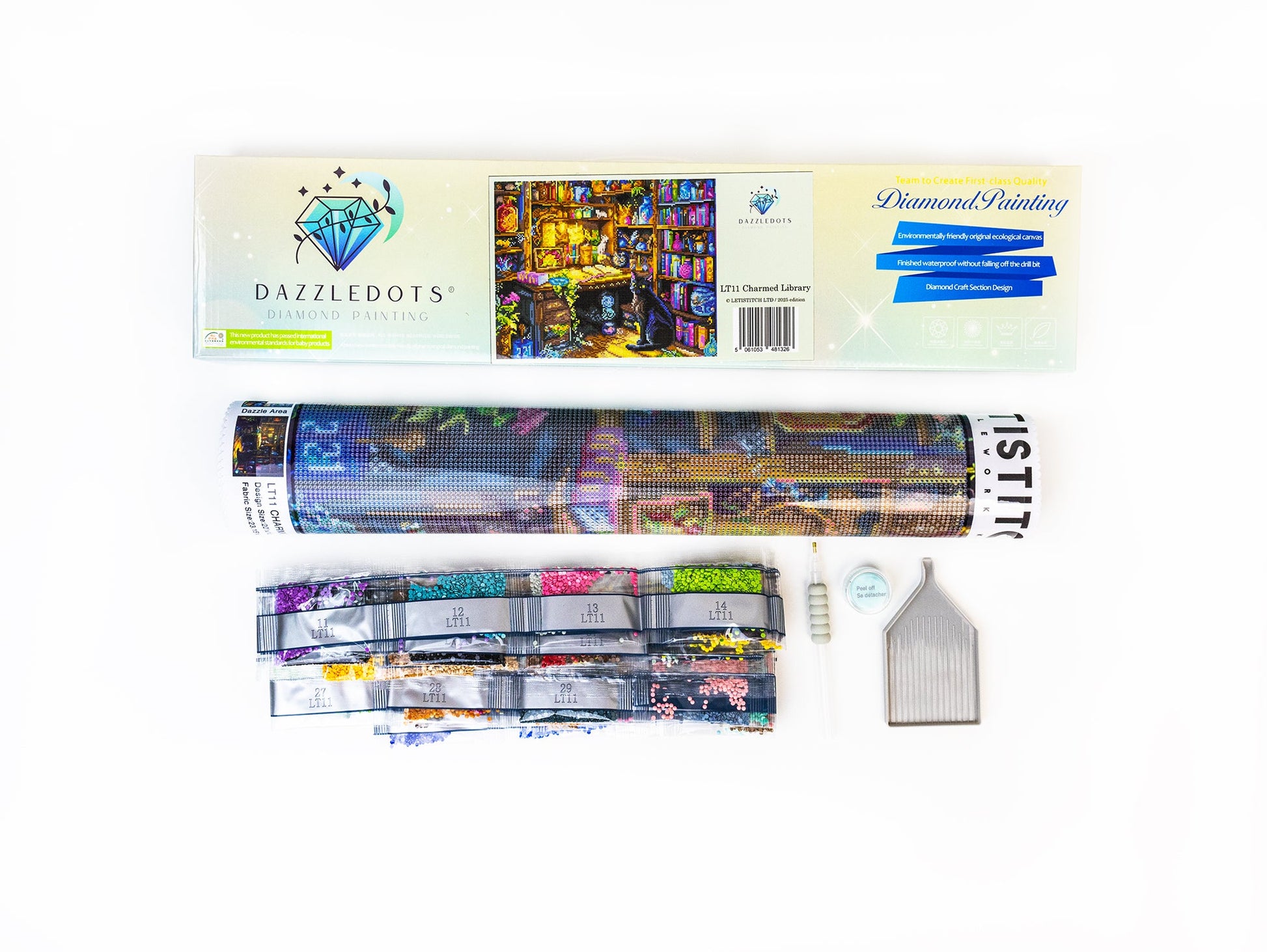 Diamond painting kit with packaging and tools on a white background